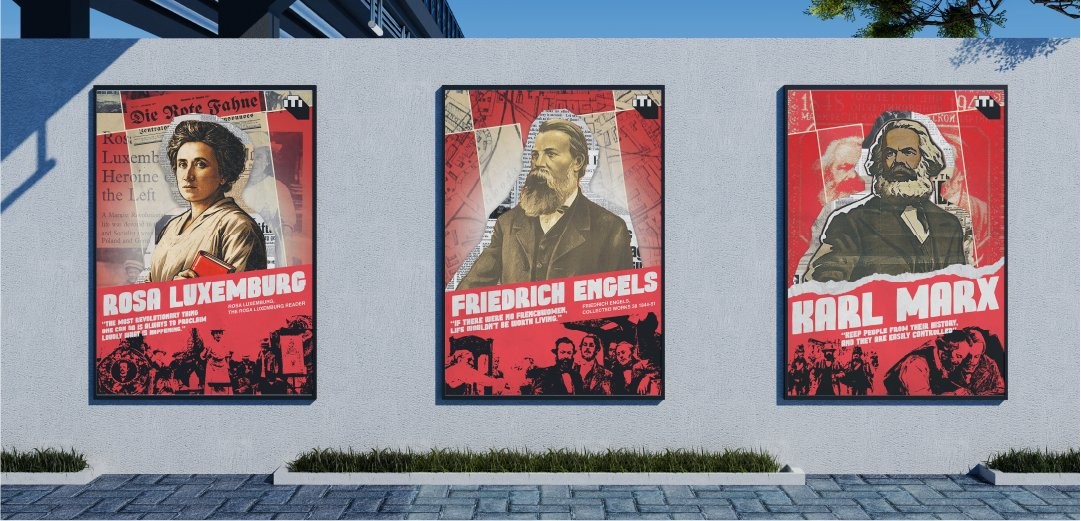 Rosa Luxemburg, Friedrich Engels and Karl Marx posters mounted on a display wall